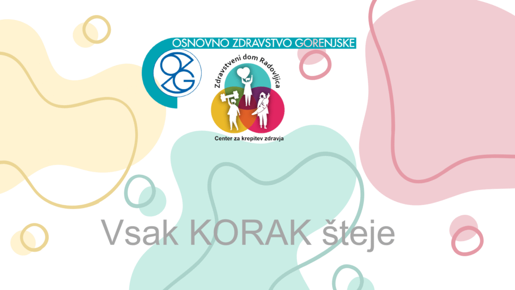 Logotip Osnovnega zdravstva Gorenjske in Zdravstvenega doma Radovljica z napisom "Vsak KORAK šteje". Ozadje je barvito z abstraktnimi oblikami.