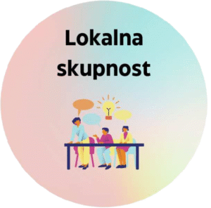 Risba treh oseb za mizo z govorčki in žarnico ter napis 'Lokalna skupnost' na barvitem ozadju.