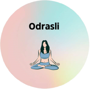 Risba ženske v meditacijskem položaju in napis 'Odrasli' na barvitem ozadju.