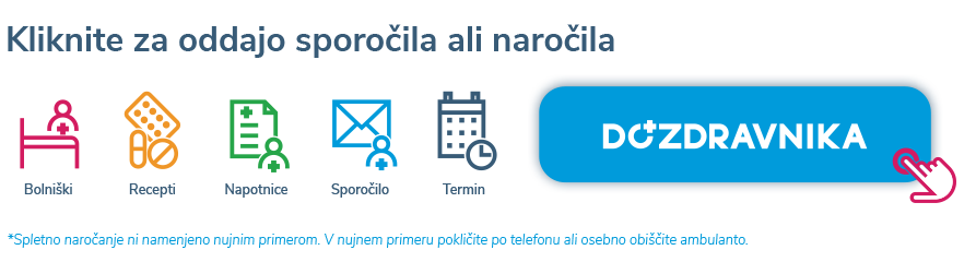 Na sliki so ikone za različne zdravstvene storitve: bolniški list, recepti, napotnice, sporočilo in termin. Ob strani je moder gumb z napisom "DO ZDRAVNIKA".