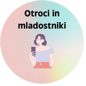 Risba dekleta s telefonom in napis 'Otroci in mladostniki' na barvitem ozadju.