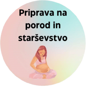 Risba nosečnice, ki drži trebuh, in napis 'Priprava na porod in starševstvo' na barvitem ozadju.