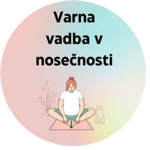 Risba nosečnice med vadbo na blazini ter napis 'Varna vadba v nosečnosti' na barvitem ozadju.