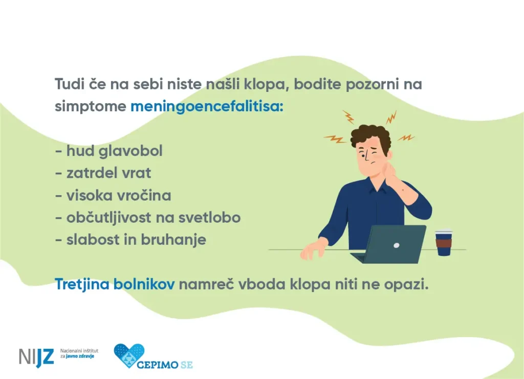 Opozorilni plakat o simptomih meningoencefalitisa z ilustracijo moškega, ki kaže znake glavobola in slabega počutja, ob njem pa je seznam pogostih simptomov.