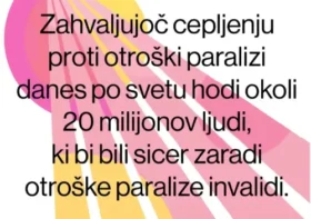 Na sliki je napisano sporočilo o cepljenju proti otroški paralizi na pisanem ozadju z žarki in soncem.