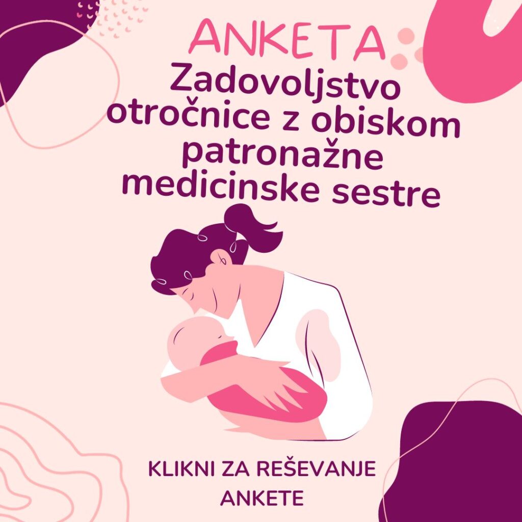 Risba matere z dojenčkom in besedilo o anketi zadovoljstva otročnic z obiskom patronažne medicinske sestre.