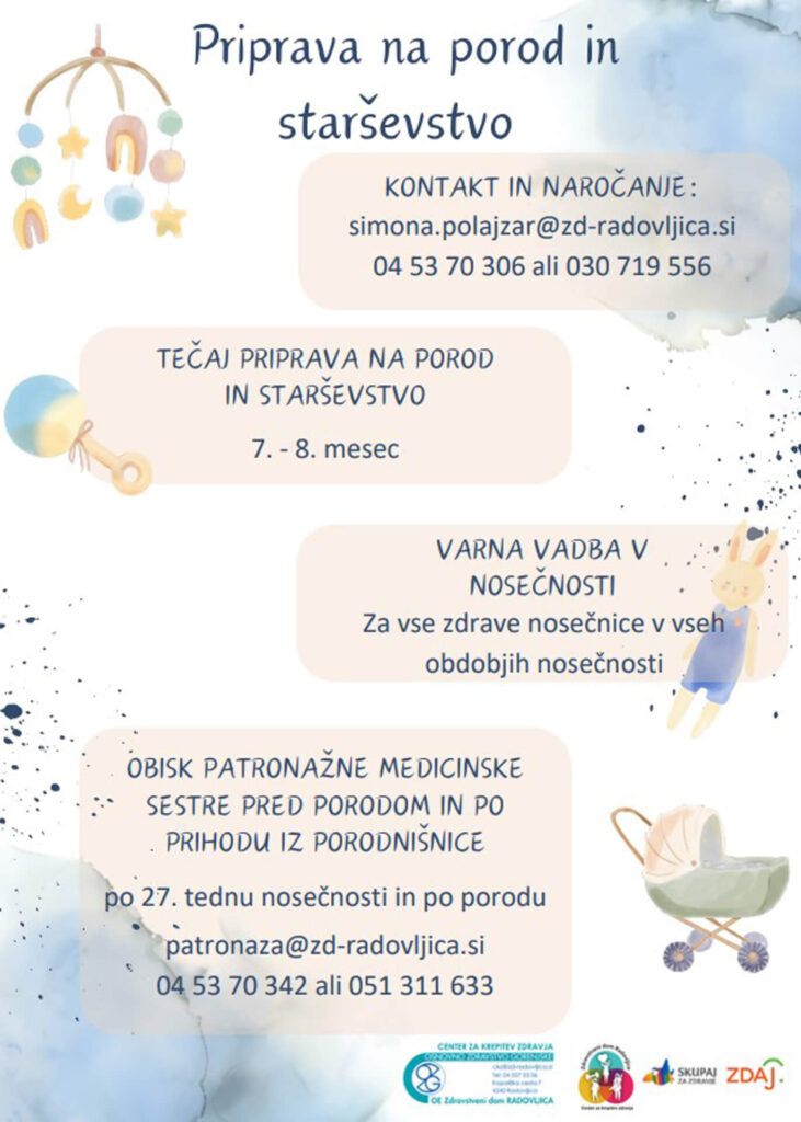 Obvestilo o pripravi na porod in starševstvo z informacijami o tečaju, varni vadbi v nosečnosti in obisku patronažne medicinske sestre; vključeni so kontaktni podatki in ilustracije dojenčkovih igrač.
