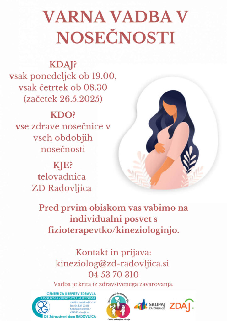 Obvestilo o varni vadbi v nosečnosti s terminoma, pogoji in kontakti, ter risba nosečnice; logotipi ZD Radovljica, Skupaj za zdravje in ZDAJ.