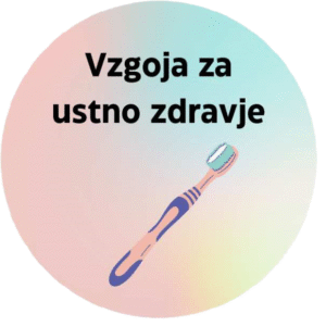 Risba zobne ščetke in napis 'Vzgoja za ustno zdravje' na barvitem ozadju.