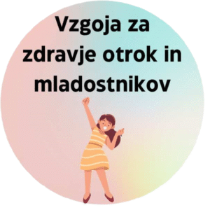 Risba deklice v rumeni obleki z dvignjeno roko in napis 'Vzgoja za zdravje otrok in mladostnikov' na barvitem ozadju.