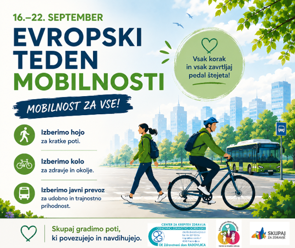 slika za evropski teden mobilnosti, na fotografiji peška in kolesar, napis mobilnost za vse