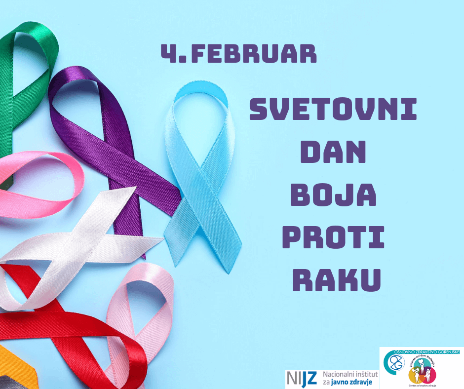 4. februar, svetovni dan boja proti raku, na sliki so simbolne pentlje modre, lila, roza in zelene barve